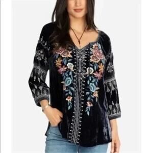 Johnny Was Eleni Embroidered Rayon/Silk Velvet Floral Peasant Tunic Top Sz M